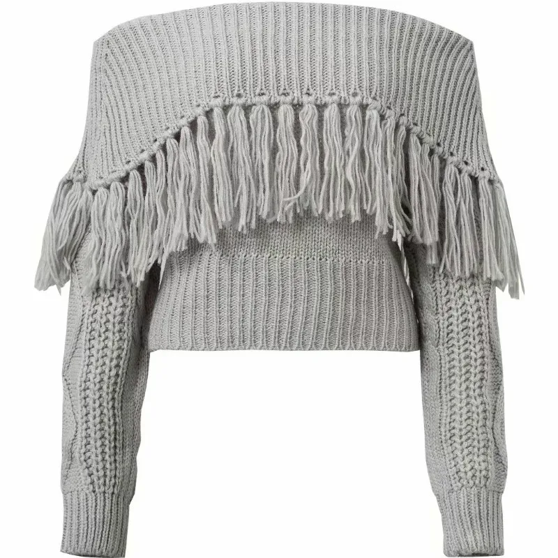 Sexy Women Slash-Neck Tassels Sweater Off the shoulder Fringed Pullover Knitted Shirt Long Sleeved High Waist Tops 2018 New | Женская