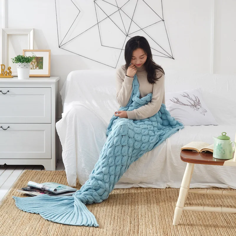 

CAMMITEVER Soft Knitted Mermaid Tail Blanket Sirena Sofa Plaid Plush Bedspread Syre Koce Yarn Knitted Handmade Crochet Throw