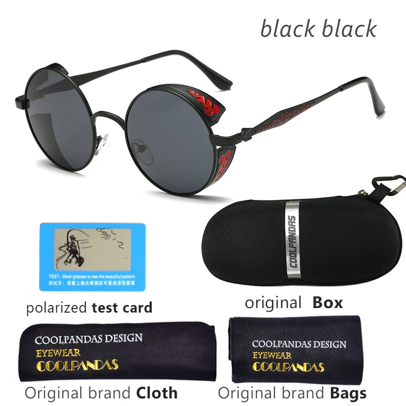 Y-black black COOLPANDAS унисекс поляризационные готические солнцезащитные очки в стиле стимпанк для мужчин женщин зеркало с покрытием круглый защита от солнца винтажные Ретро очки Gafas Masculino - Цвет линз: Y-black black