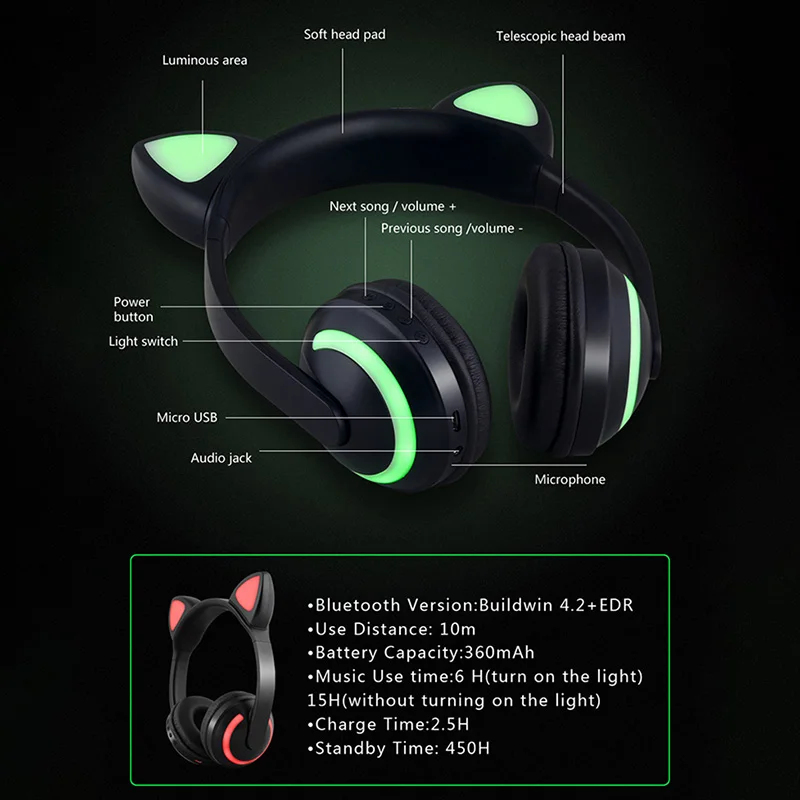 Кошачьими ушками Bluetooth наушники 7 Цвет мигающие светящиеся кошачьими гарнитура