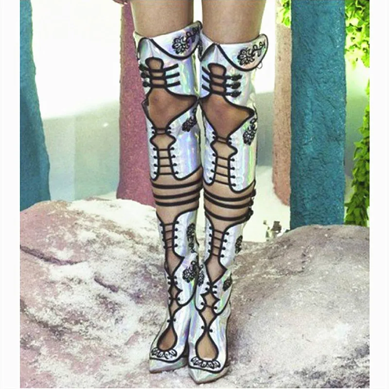 Дизайнерские женские летние сапоги выше колена с вышивкой модные туфли на