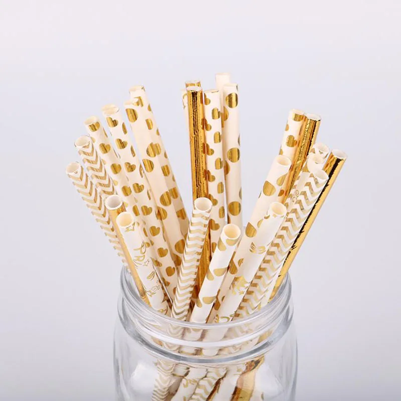 

25 шт. Золотая фольга дизайн в полоску сердце точка Корона из бумаги питьевые соломинки детский душ Дети День рождения Свадьба украшения пос...