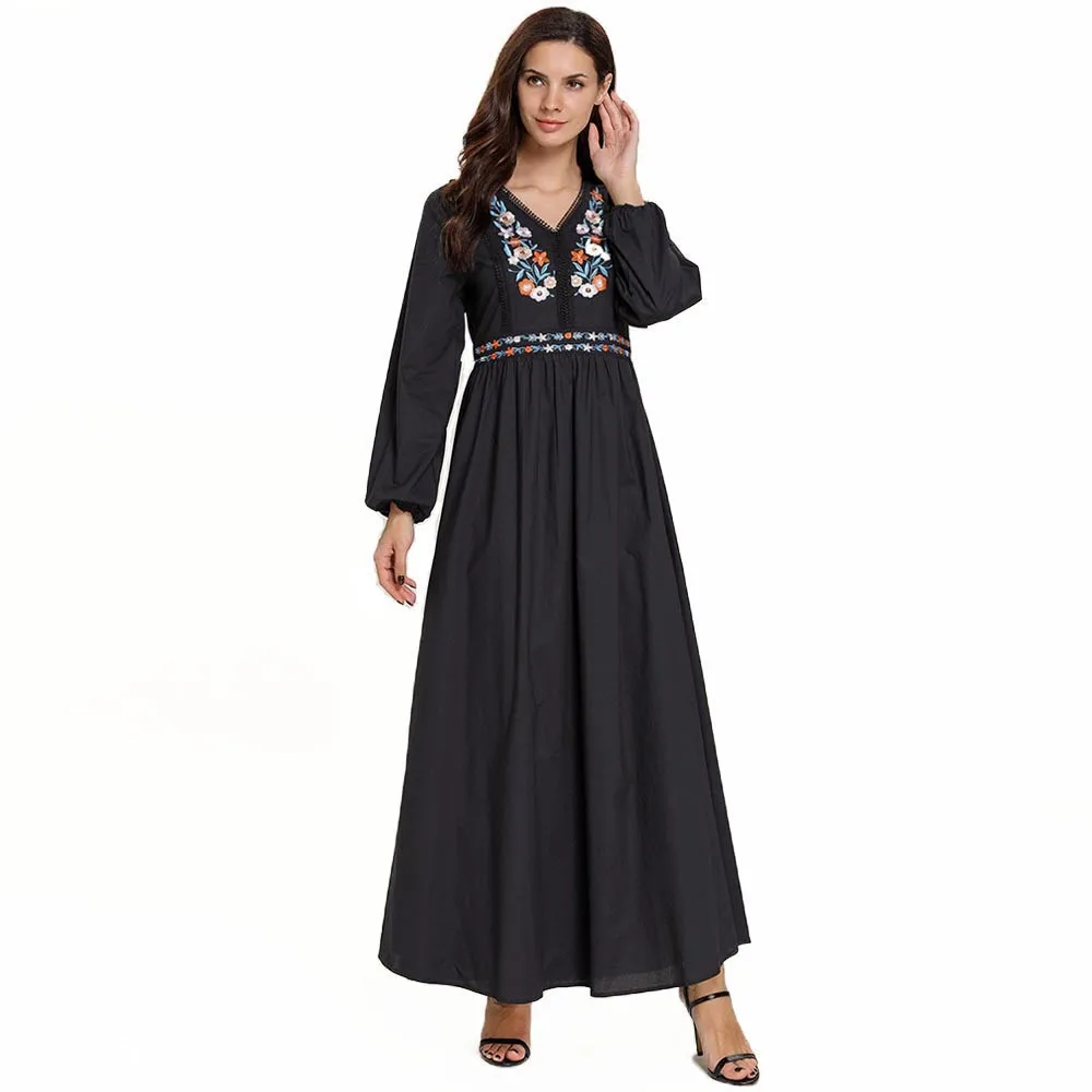 Черное мусульманское платье с цветочной вышивкой Женский хиджаб абайя Катара
