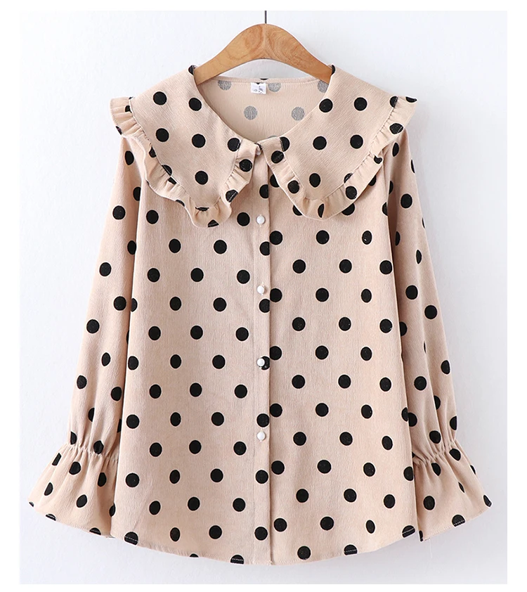 apricot Blusas Femininas Япония Mori girl Блузка с оборками для женщин кукольный воротник в горошек Топы и блузки вельветовые свободные рубашки - Цвет: apricot