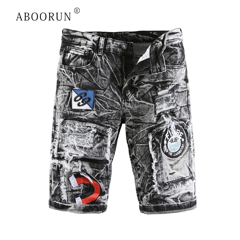 ABOORUN мужские рваные джинсовые шорты, потертые джинсовые шорты с вышивкой в виде снежинок, летние брендовые шорты для мужчин R578