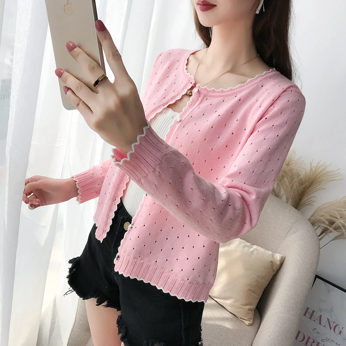 pink 9254 короткий вязаный кардиган с шалью и тонким свитером, 9 рядов и 2 ряда на 31-2 пола - Цвет: pink