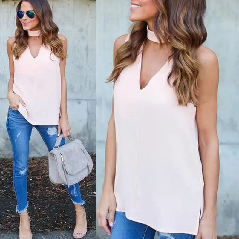 Ladies Summer Fashion Solid Casual Sleeveless Blouses Sexy Chiffon Strapp Blouse | Женская одежда