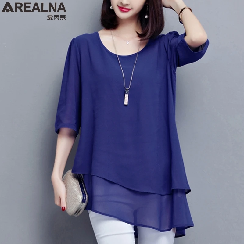 

2022 summer half Sleeve Fake Two Pieces office women blouse long shirt women tops Loose Oversized chiffon blouse blusa feminina