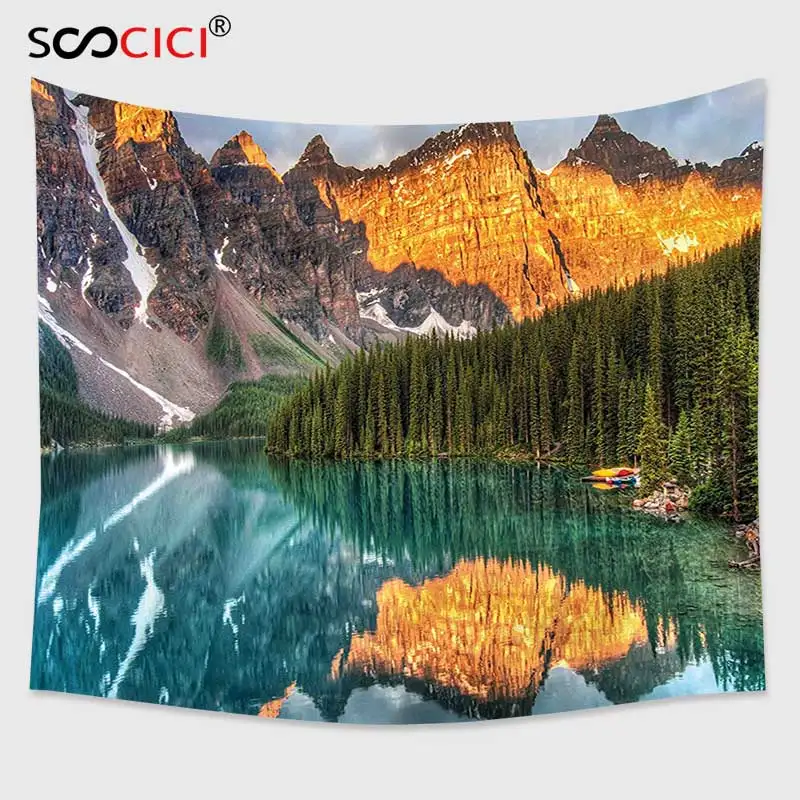 

Cutom Tapestry Wall Hanging,Nature Moraine Lake Canadian Mountain Range with Creek Pine Forest Mother Earth Scenery Multicolor