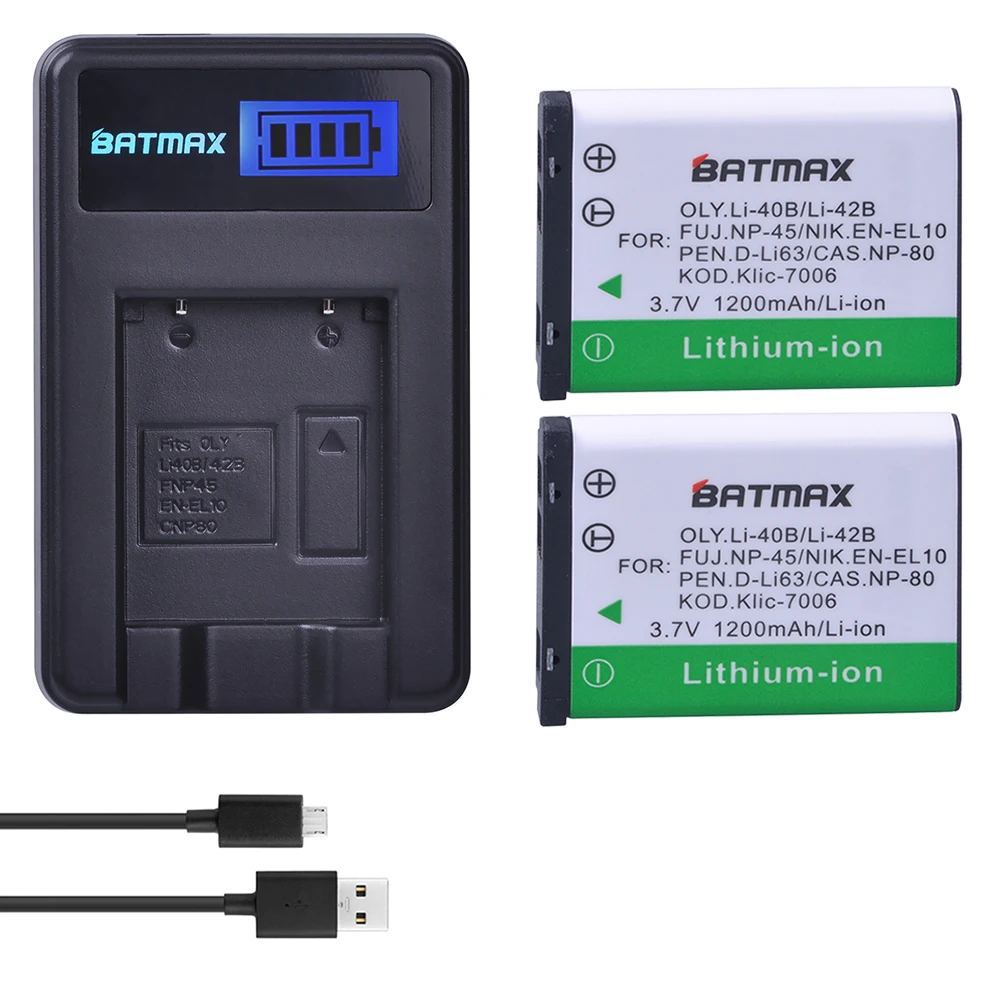 

2Pcs Li-40B Li 40B 42B Battery + LCD USB Charger for Olympus Li-42B NP-45 EN-EL10 D-Li63 D-Li108 NP-80 CNP80 KLIC-7006 Batteries