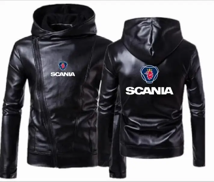 Мужская кожаная куртка с капюшоном scania панк Англия Диагональ локомотив
