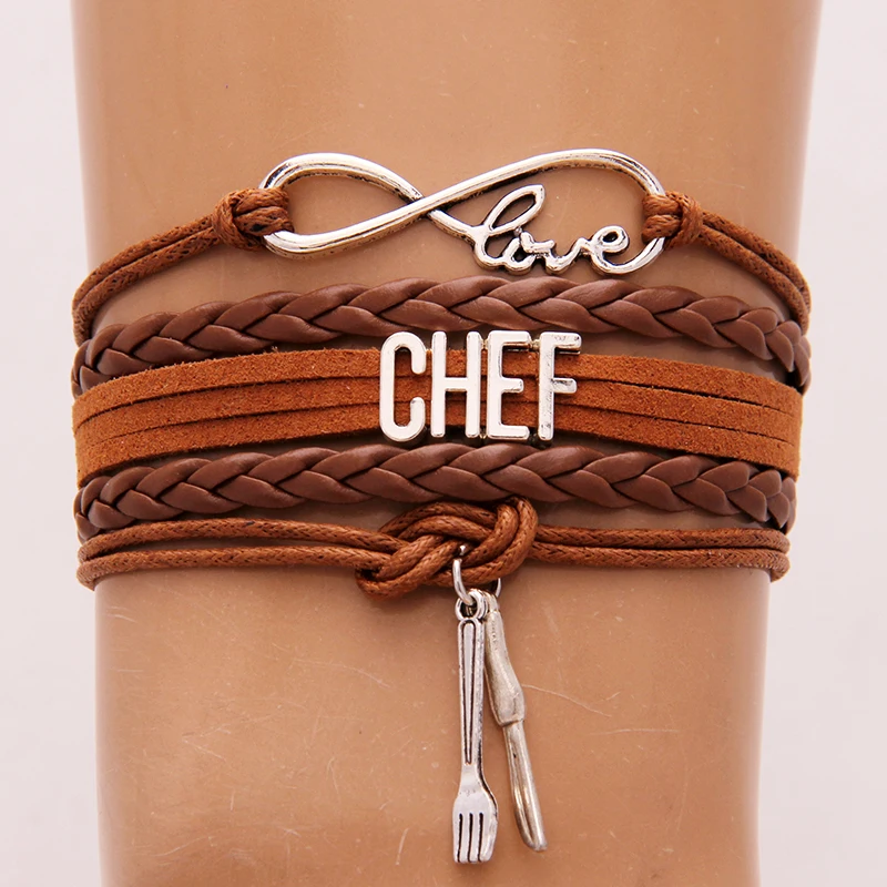 (10 шт./лот) браслет Infinity Love Chef браслеты нож и вилка шарм плетеный кожаный ювелирные