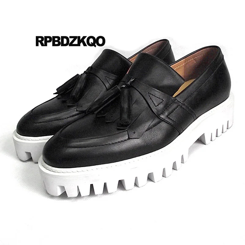 Loafers Plus Size British Style Luxury Spring Real Leather Platform Creepers Black High Quality Tassel Genuine Brand Shoes Men | Обувь