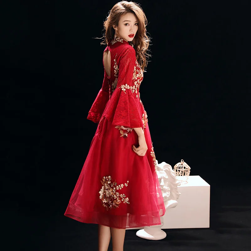 Красное женское платье для свадебной вечеринки элегантное кружевное длинное в