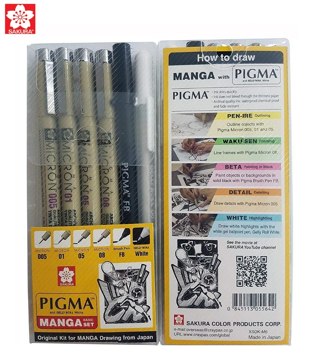 

Sakura 6pcs Pigma Micron Pen,Archival Pigment Ink Technical Drawing Pen Manga for Artist 005,01,05,08,FB Brush,Gelly roll White