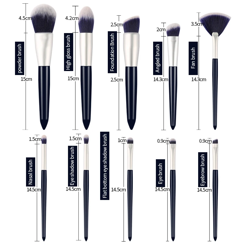 10PCS SEPROFE, 10 шт., темно-голубые кисти для макияжа, высокое качество, деревянная ручка, многофункциональные кисти для макияжа, набор теней для век, кисти, косметические наборы - Handle Color: 10PCS