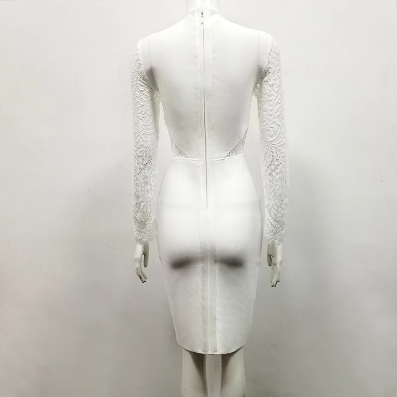 

High Quality White Long Lace Sleeve Open Fork Rayon Bandage Dress Elegant Party Bodycon Dress