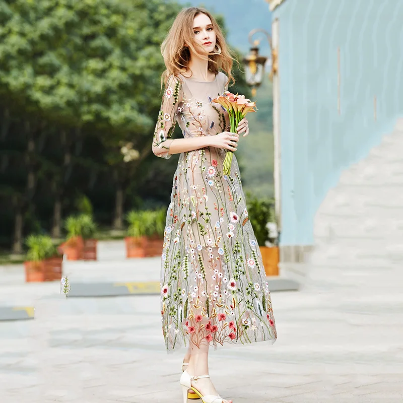 IUURANUS Vintage Embroidery Dresses Floral Bohemian Flower Embroidered 2 Pieces Boho Mesh For Women Evening Party Dresse Женская