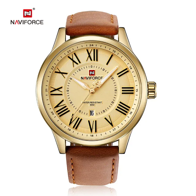 gold yellow Naviforce Топ люксовый бренд мужские спортивные часы с кожаным ремешком Мужские кварцевые часы с датой мужские водонепроницаемые наручные часы Relogio masculino - Цвет: gold yellow