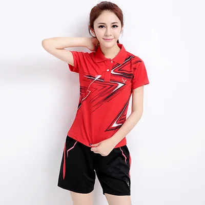 Female B9813 red Новая футболка для бадминтона+ шорты футболки для пары для игры в настольный теннис, футболка, дышащая быстросохнущая Мужская/Женская теннисная футболка с поездами - Цвет: Female B9813 red