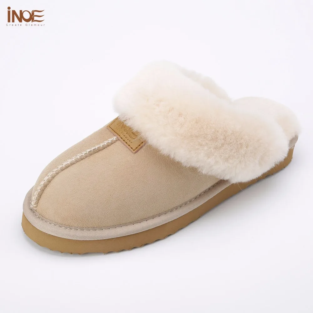

INOE Women Real Sheepskin Suede Leather Natural Wool Sheep Fur Lined Winter Slippers Cazy Loafer Home Shoes Baboon in House