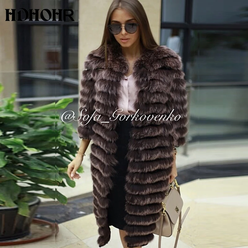 HDHOHR 2023 New Women Warm Real Fox Fur Coat Long Winter Genuine Fox Fur Jackets With Belt Outerwear Can add sleeves free