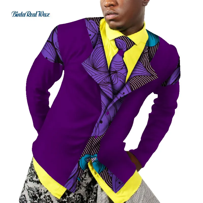 African Men Clothing Bazin Riche Patchwork Print Tops Coat Shirt Necktie Cotton Dashiki African Design Clothing WYN519