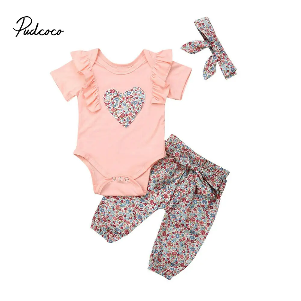 

pudcoco 2019 Baby Girl Clothes Newborn For Female Outfit Infant Clothing Set Floral Heart Short Sleeve Romper+Pants+Headband
