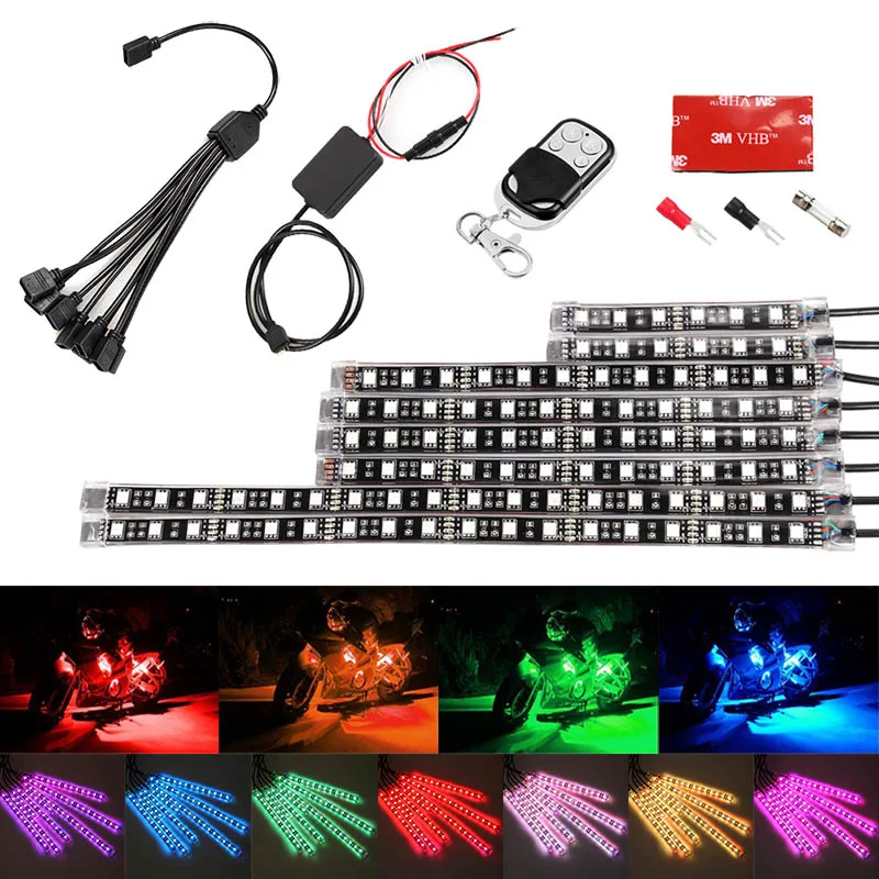 Motorcycle Car Multi-Color LED Light Kit 8pcs Strips Glow Neon Lights Flexible Lamp with Remote Controller F-Best | Автомобили и