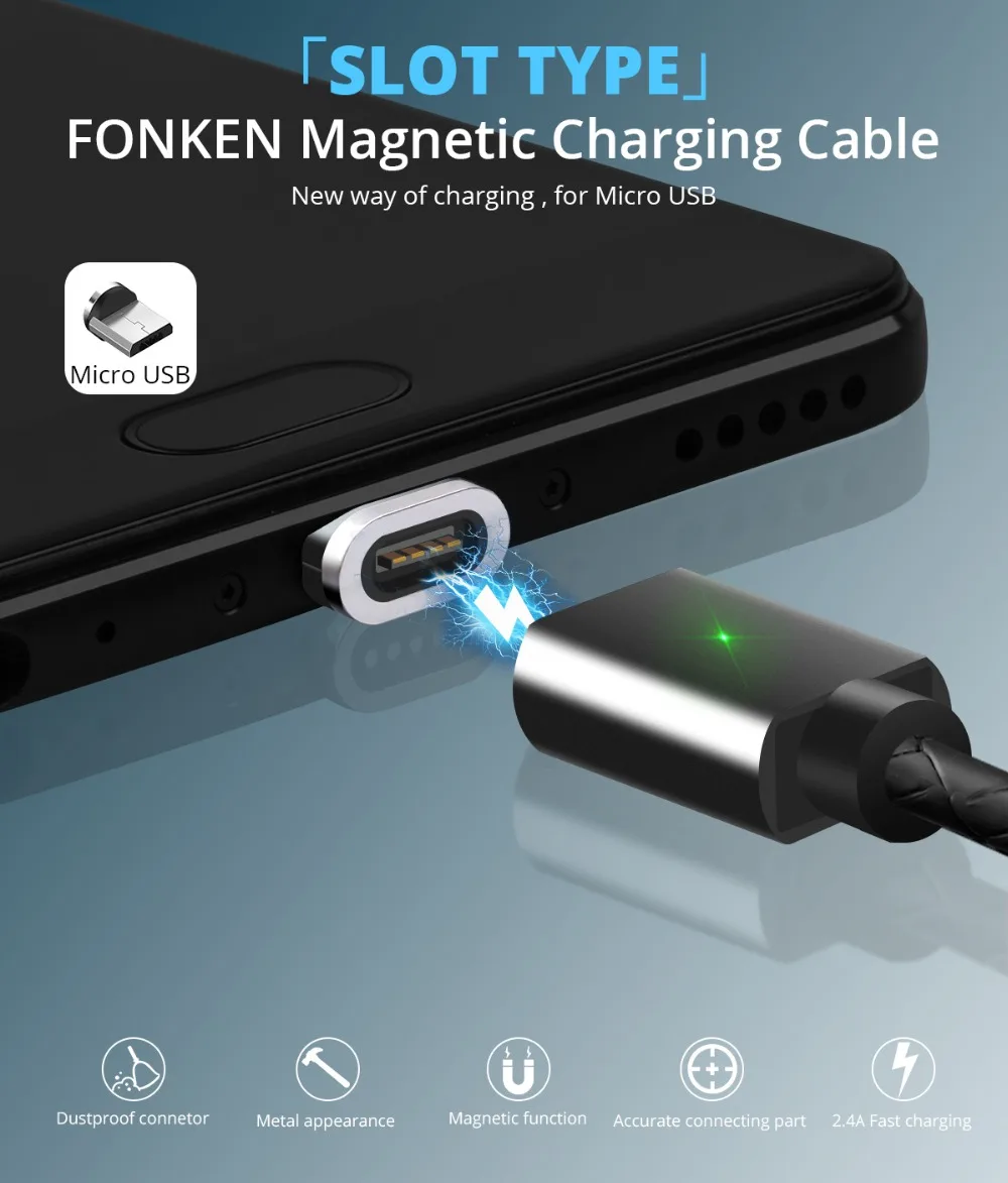 FONKEN Micro USB кабель Магнитный кабель для быстрой зарядки Max 2.4A светодиодный кабель для зарядки и синхронизации данных мини USB Магнитный кабель для мобильного телефона