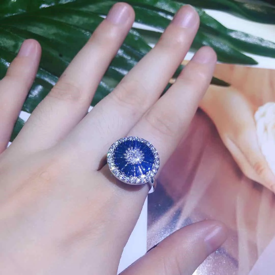 Blue Ring Высокое качество, обручальное кольцо круглой формы, установка канала, блестящая стрела и сердце, кубический циркон, роскошные большие кольца для женщин CFSRP2037E - Цвет основного камня: Blue Ring