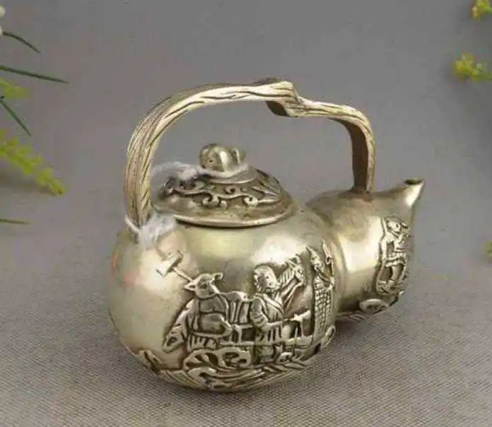 Старый Китай Серебряный Путешествие на Запад 4 Мастер и ученик чайник для вина