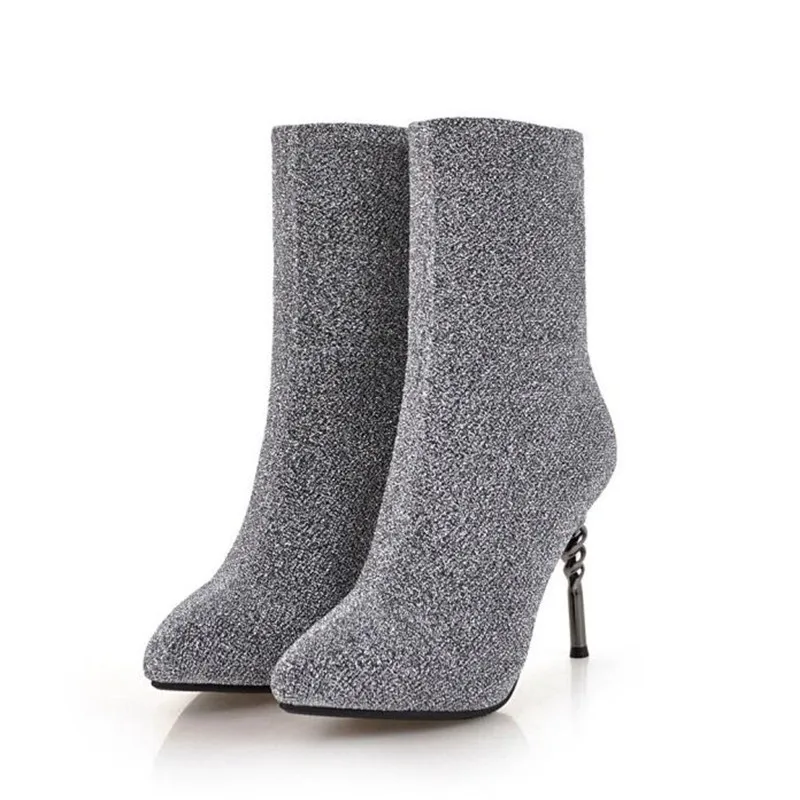 winter New pattern fashion Round head silvery sexy Elastic force Thin leg Short boots Fine heel Add wool Keep warm Women Boots