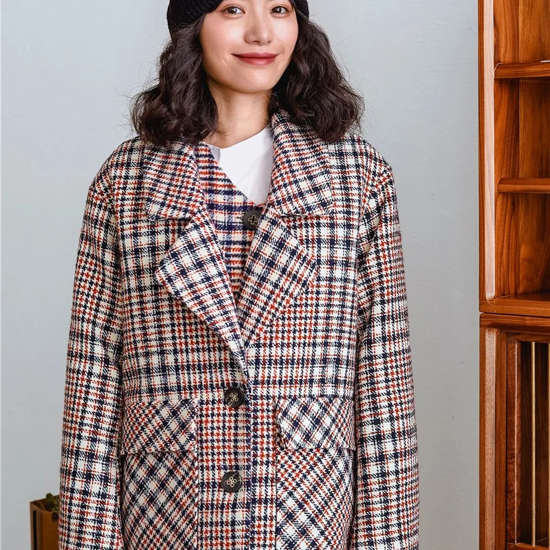 2019 Autumn Winter Original Design Gloria&ampGrace Vintage Brown Plaid Pattern Print Oversize Wool Loose Warm Coat Jacket Outerwear | Женская