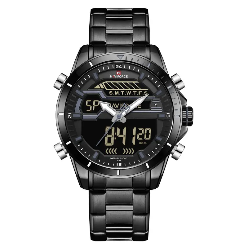 Gray Бренд NAVIFORCE, мужские спортивные часы, водонепроницаемые, хронограф, светодиодный, цифровые, аналоговые часы для мужчин, s Сталь, кварцевые часы, Relogio Masculino - Цвет: Gray