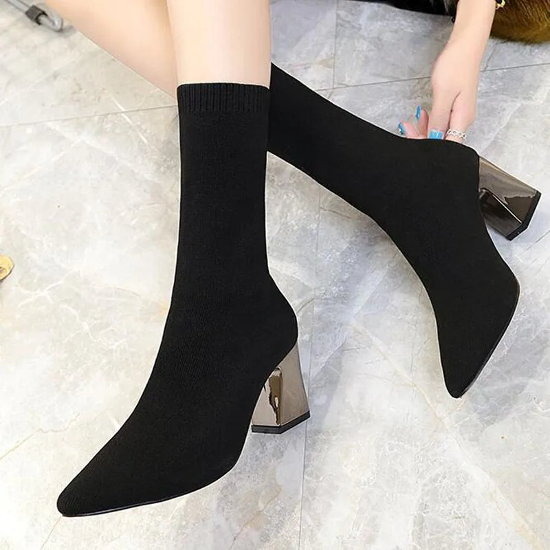 Новинка 2019 модные вязаные женские мотоциклетные ботинки эластичные облегающие