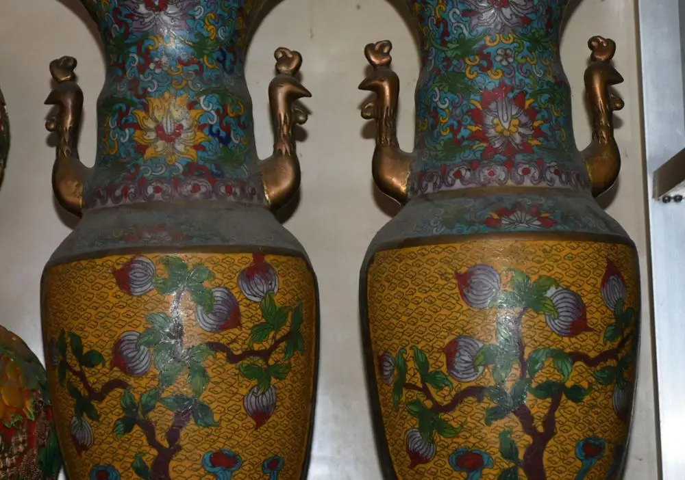 17" Cloisonne Bronze 24K Gold Gilt Peach Tree Phoenix Bottle Vase Flask Pot Pair | Дом и сад