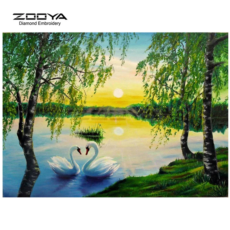 ZOOYA Алмазная вышивка 5D алмазная живопись закат Дерево озеро лебедь пара