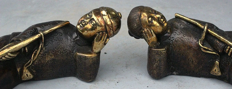 7" Rare China Bronze gilt landowner smoking capitalist couple Smoker Statue Pair | Дом и сад