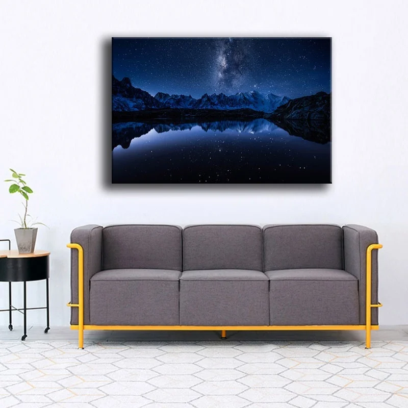Aurora Night View Milky Way Mountains Lake Painting 1 Panel Landscape Picture On Canvas Print And The Wall Decorative Artwork | Дом и сад