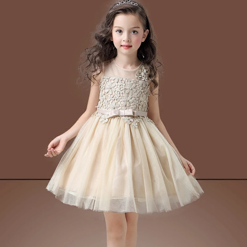 

Girls Pretty Party Wear Champagne Gold Lace Girl Clothing for Children Summer Floral Sleeveless Princess Wedding Birthday Dress