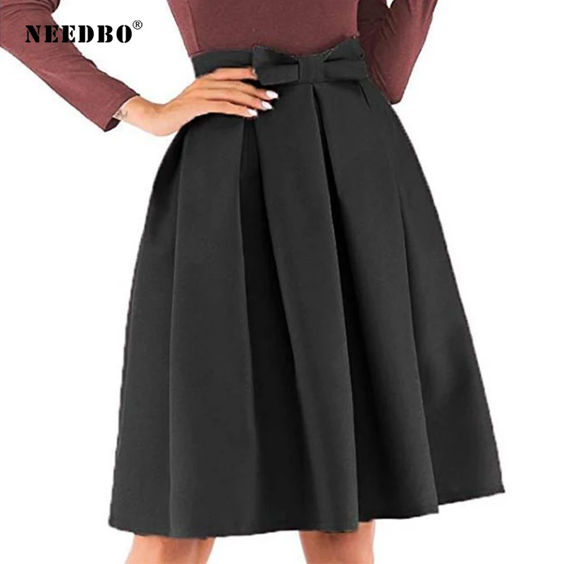 

NEEDBO Mini Skirt Plus Size Vintage Solid Ball Gown Skirt Women High-waisted Pleated Skirts Office Workwear Bow Party Skirt