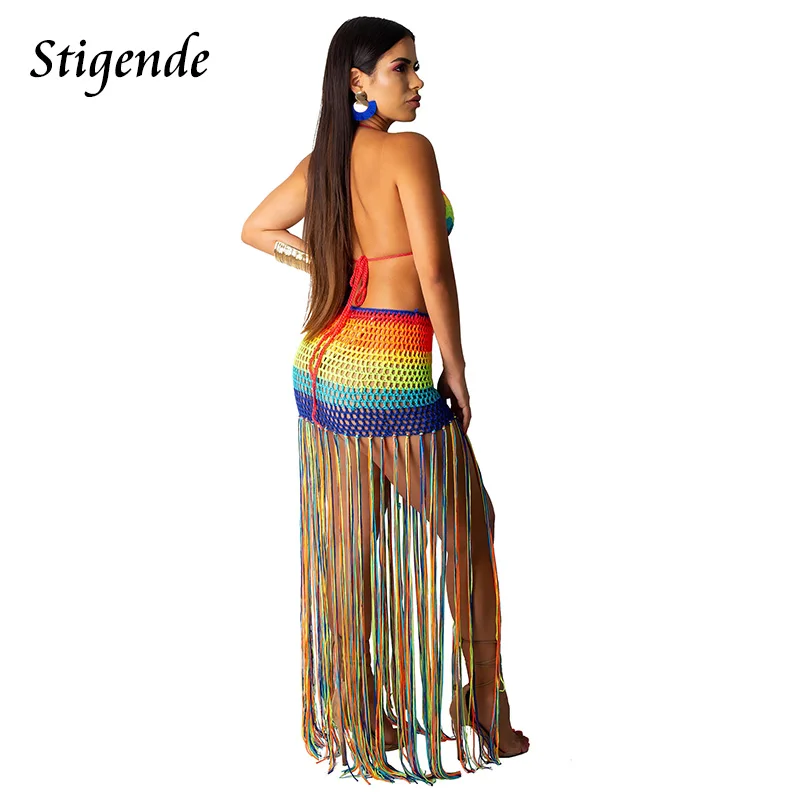 Stigende Summer Beach Hollow Two Piece Crochet Set Women Sexy Rainbow Tassels 2 Skirt Knitted See Through 2pcs Outfits |