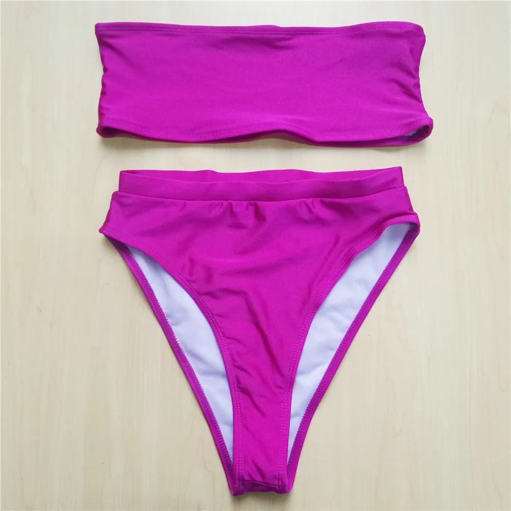 Hot Pink Женский купальник-бандо с высокой талией, бикини с высокой талией,, женский купальник, комплект бикини из двух предметов, купальный костюм V485 - Цвет: Hot Pink