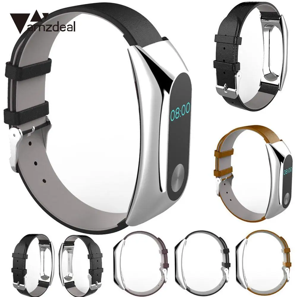 Amzdeal роскошный браслет для Xiaomi Mi Band2 PU + металлический кожаный сменный ремешок с