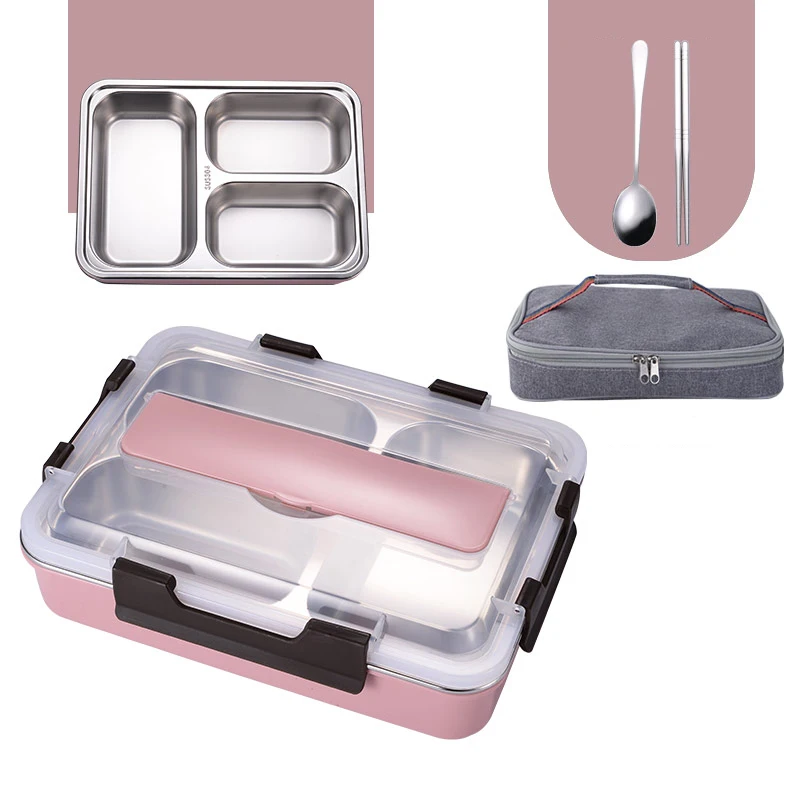 3 Grid Pink Set 304 Ланч-бокс из нержавеющей стали с сумкой Cmpartments набор посуды герметичный термальный контейнер для еды Bento Дети Ланчбокс японский - Цвет: 3 Grid Pink Set
