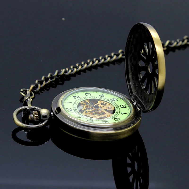 New Luminous Hand Winding Mechanical Pocket Watch Classical Bronze Openwork Pendant Vintage Hollow Cover Analog for Men Gift