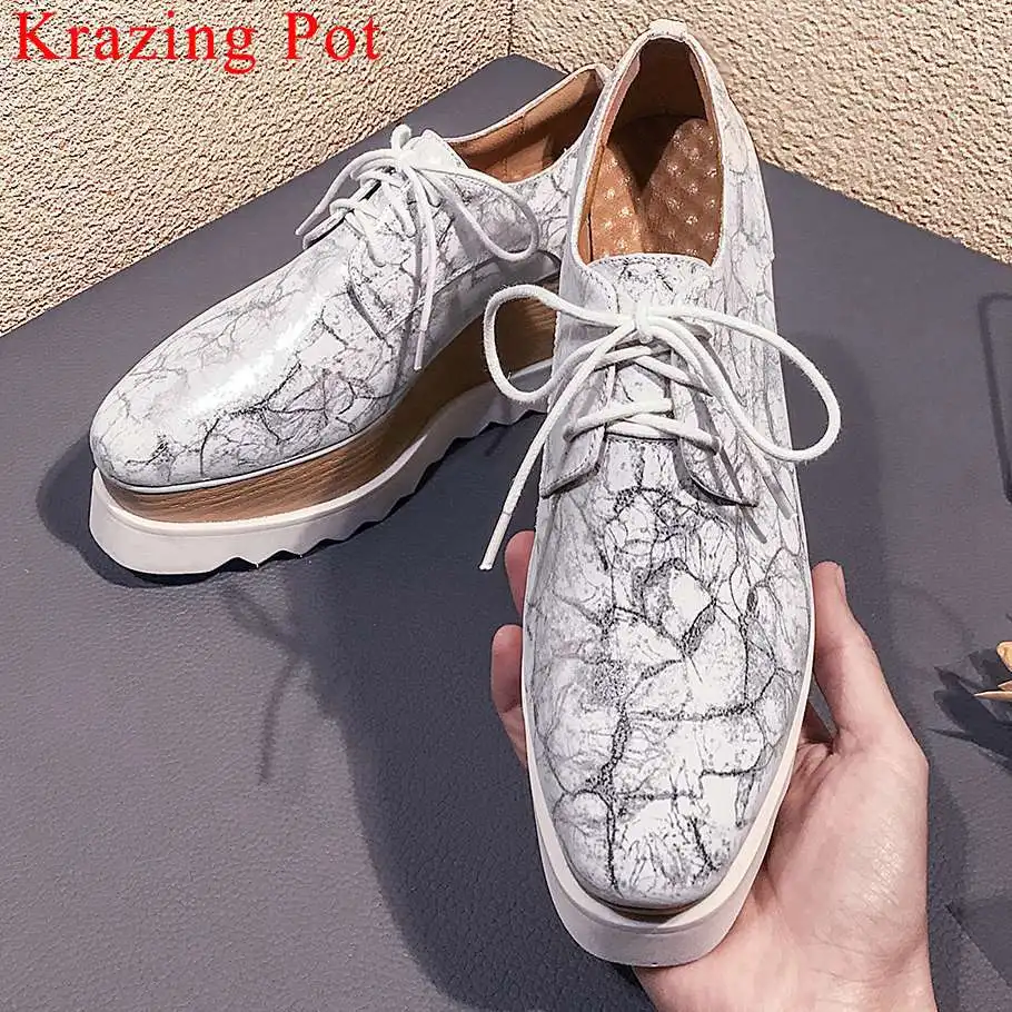 Krazing Pot/классические разноцветные туфли из натуральной кожи с квадратным носком на шнуровке; Туфли на танкетке на высоком каблуке размера плюс; повседневная обувь для подиума в винтажном стиле; L8f6