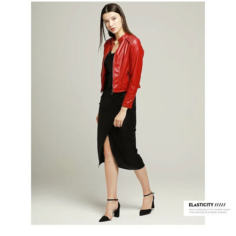 Korean Style Fashion Fit Crop Jacket Women Bomber Motorcycle Streetwear PU Red Spring | Женская одежда