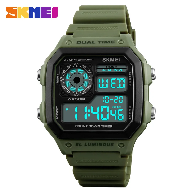 Army Green SKMEI модные спортивные часы, мужские водонепроницаемые цифровые часы с обратным отсчетом, уличные военные наручные часы, мужские часы - Цвет: Army Green